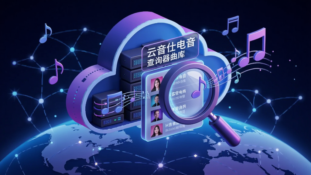 画面主体为云端数据服务器与音乐音符结合的三维概念图,背景是地球与网络链接线条,中央悬浮放大镜扫描音乐列表,布局均衡,科技插画风格,配色采用深蓝与紫红对比,细节包含数据流动光效与清晰文字