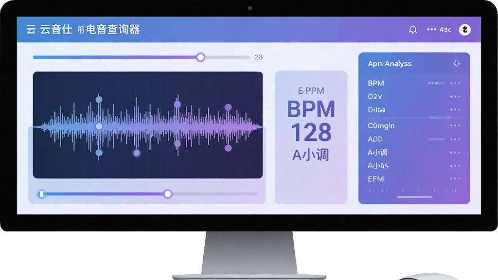 画面主体为电脑屏幕显示云音仕电音查询器正在分析音频波形,旁边标注