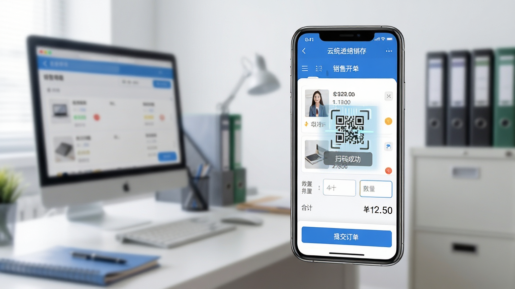 ���壺��ͳ�������ֻ�APP�Ľ����ͼ��������ģ���İ칫������ǰ������һ���ֻ�����Ļ����ʾ���ۿ���ҳ�棬����Ʒ�б��������������ϼƽ����֣��ֻ�λ�ڻ�������ƫ�ң������칫�����е������ļ����Ű棺�ֻ���Ļ��UI��������ɫ��ɫ�����ײ��С��ύ��������ť�����дʵ��UI��ϣ�ǳ����Ч����ϸ�ڣ���Ļ����ɨ�붯������ʾ��ɨ��ɹ�����ʾ�����ʣ����壬�ɾ��޶���Ԫ�ء�
