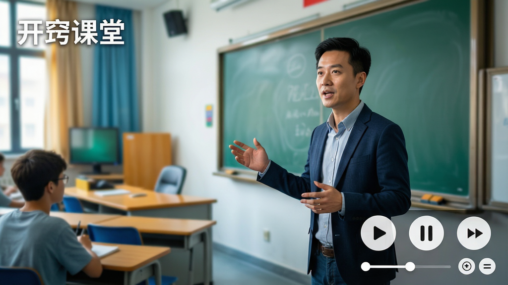 ���Ͽ�����Ƶ����ҳ�棬չʾ����γ̻��棬���½��������Ŀ��ư�ť���������š���ͣ���������ͱ���ѡ�񣬱���Ϊ���ҷ�񣬽�ʦ�����ڿΣ���Ļ���Ͻ���ʾ�����Ͽ��á�ˮӡ������ɫ��������ϸ�ڷḻ�������������޶���Ԫ��
