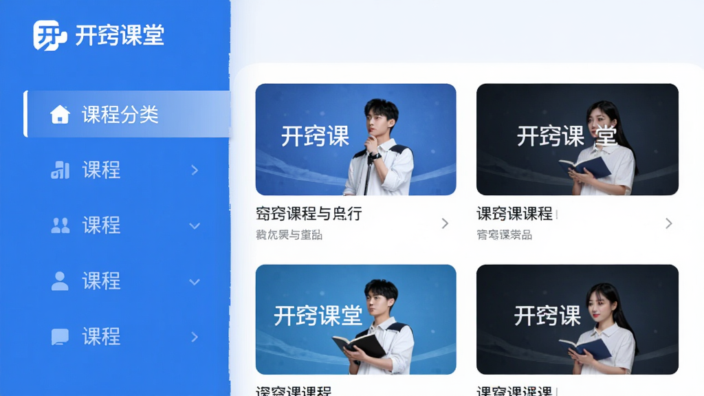 ���Ͽ���app�����ͼ��չʾ�γ��б��ͷ��ർ�����������ִ���Լ������ɫ�Ͱ�ɫΪ��ɫ�������沼�������������ʾ�γ̷��࣬�Ҳ�չʾ�γ̷���ͱ��⣬���С����Ͽ��á�logo�����������ɾ����޶���Ԫ�أ����廭��