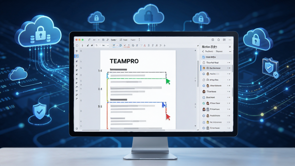 Teampro�����ļ�Эͬ�༭���棬��Ļ��չʾһ���ĵ�������ͬʱ�༭����ͬ������ɫ������ͬ��Ա���Ҳ��а汾��ʷ��¼��壬����Ϊ�ƶ˴洢ͼ�������������������Ƽ���ǿ������ɾ����࣬ͻ��Эͬ�밲ȫ