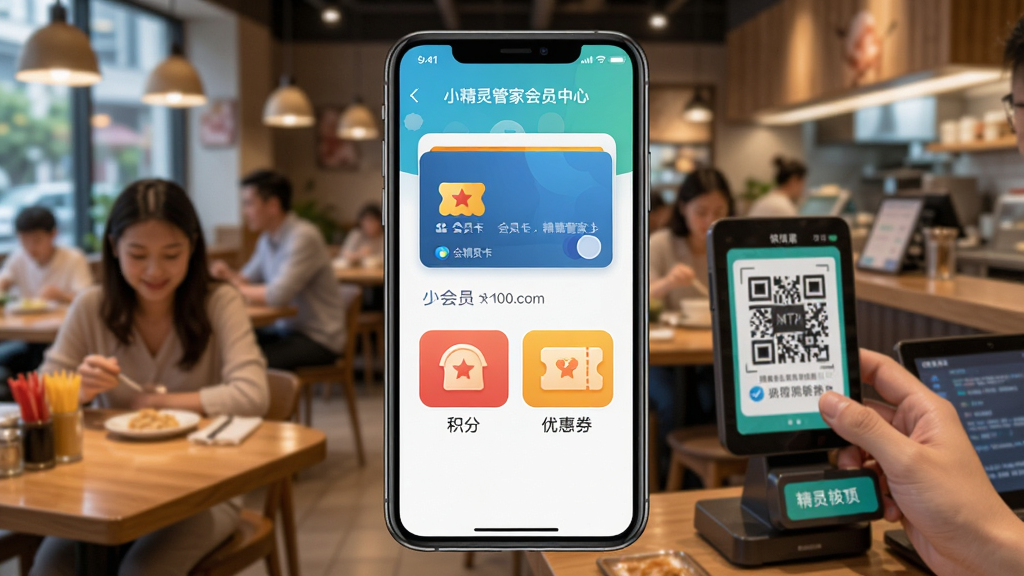 �ֻ�չʾС����ܼһ�Ա����ҳ�棬������Ա�������֡��Ż�ȯͼ�꣬����Ϊһ�����ֵĲ������˿�����ɨ�����������������ɫ�����죬��ͼƽ�⣬���ʸɾ����޶���Ԫ��
