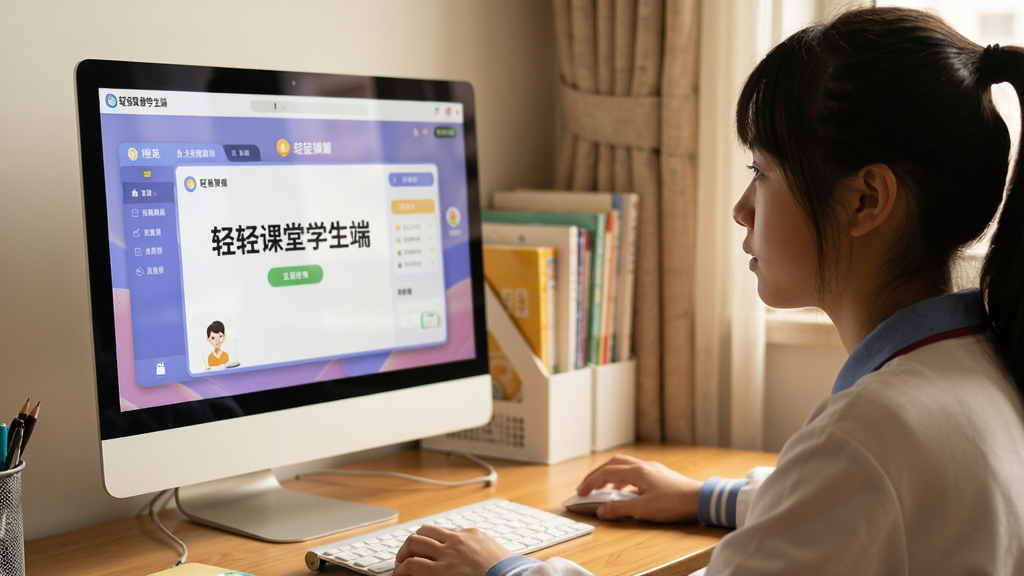 主体:学生使用轻轻课堂学生端在电脑前学习的场景,屏幕上显示软件界面。布局:学生坐在书桌前,电脑屏幕正对镜头,屏幕内容可见。排版:画面聚焦于电脑屏幕,人物侧脸。风格:真实生活感,暖色调。细节:屏幕上有“轻轻课堂学生端”字样,学生手持鼠标,神情专注。画质:高清,干净,无多余元素。