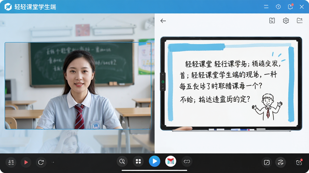 主体:轻轻课堂学生端的直播课堂界面,包含高清视频画面、电子白板、课件展示区。布局:界面左侧为老师视频窗口,右侧为课件与白板区域,底部为工具栏。排版:功能分区明确,视频画面清晰,课件文字可辨。风格:清爽明亮,教育科技感。细节:屏幕上有“轻轻课堂学生端”标识,白板上有板书内容,学生可以清晰看到。画质:高清细腻,干净无多余元素。