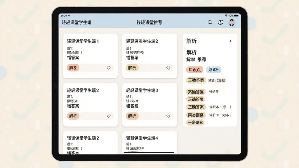主体:轻轻课堂学生端错题本界面,展示错题列表、解析内容及同类题推荐。布局:平板设备居中,错题卡片排列整齐,右侧显示解析和知识点标签。排版:简洁卡片式设计,信息层级分明。风格:温和护眼色,简约教育风。细节:界面显示“轻轻课堂学生端”文字,错题包含题目、错误答案、正确答案和解析。画质:高清,干净,无多余元素。