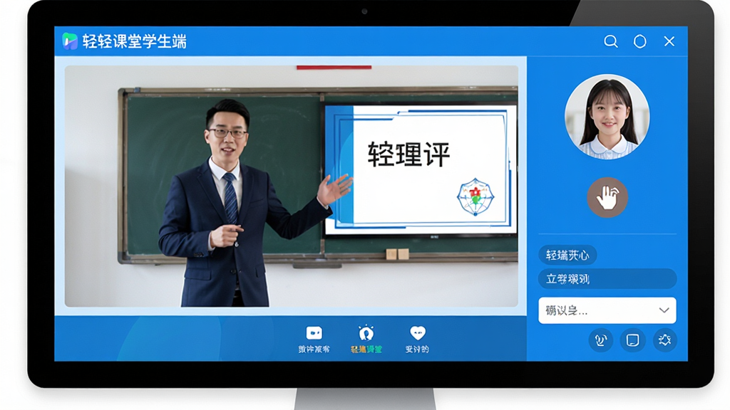 主体:轻轻课堂学生端软件界面,展示在线课堂直播画面,屏幕上有老师讲解和课件内容,学生端界面包含摄像头头像、举手按钮、聊天框。布局:电脑屏幕居中,界面清晰,左侧为视频区,右侧为互动区,下方为功能按钮。排版:整齐的界面布局,功能图标排列有序。风格:现代教育科技风,色彩明亮,蓝色系为主。细节:画面中屏幕显示“轻轻课堂学生端”字样,学生头像清晰,老师画面生动。画质:高清,干净,无多余元素。