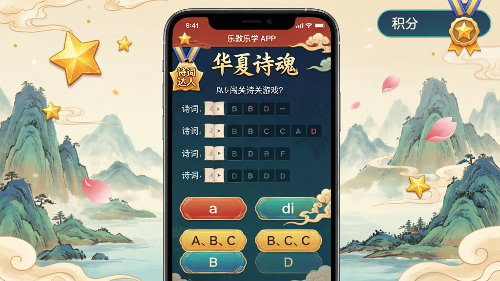 ���壺�ֽ���ѧAPP�ġ�����ʫ�ꡱ������Ϸ���棬��Ļ�ϳ���ʫ������⣬�·����ĸ�ѡ�ť�����Ͻ���ʾ���ֺ�ѫ�¡� ���֣��ֻ��������У������ǹŷ�ɽˮ�������Ļ���н�ɫ���Ǻ�Ʈ��Ļ��ꡣ �Ű棺��Ϸ����ռ��Ҫλ�ã���Χװ��Ԫ�ز��ڵ���Ļ���ݡ� ��񣺹����廭�磬ɫ�ʷḻ���Ա������������Ļ����̡� ϸ�ڣ�ѫ���С�ʫ�ʴ��ˡ���������ť���С�A��B��C��D��Сд��ĸ�� ���ʣ�������Ⱦ���ɾ����޶���Ԫ�ء�