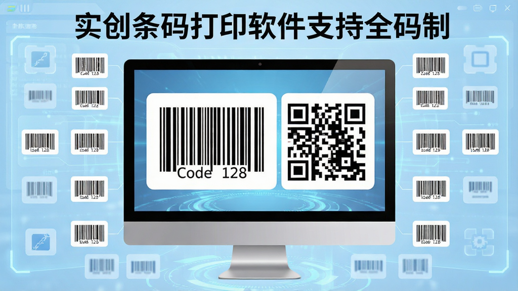 һ����������չʾͼ����������Ϊ������Ļ�ϷŴ��Code 128������QR��ά����ʽ����Χ�����Ŷ����������Ƶ�Сͼ�꣬����Ϊ����ɫ�Ƽ��н��棬��������רҵ��������ע��ʵ�������ӡ����֧��ȫ���ơ����������ʸɾ����޶���Ԫ�ء�