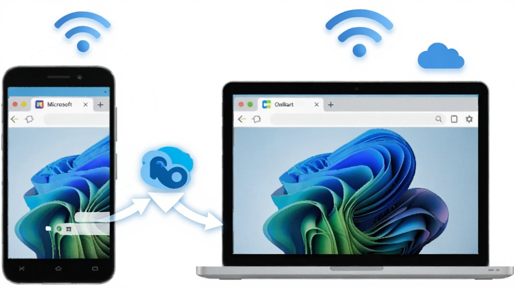 Microsoft Edge ���豸ͬ������ͼ������Ϊ�ֻ���ʼǱ����Բ���չʾ��ͬ��ҳ���м���ͬ����ͷ���������ҶԳƣ��Ű�ͻ���豸��Ļ�еı�ǩҳͼ�꣬����ִ���ƽ����ϸ���� WiFi �ź����������ƶ�Ԫ�أ����ʸɾ��������޶���Ԫ��