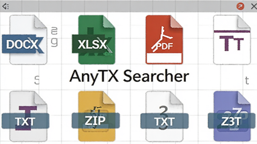 ͼƬչʾ�����ļ���ʽͼ�꣨DOCX��XLSX��PDF��TXT��ZIP�ȣ�������������Ļ�У�ÿ��ͼ���ϸ��ֳ������ַ�����ʾ������������������ǳ��ɫ���������С�AnyTXT Searcher���������������ࡢרҵ�������������޶���Ԫ�ء�