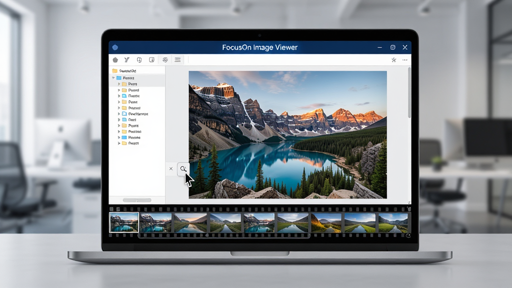 ���壺һ̨�ִ����ıʼǱ�������Ļ��������ʾ��FocusOn Image Viewer�Ľ��棬������һ�Ÿ߷ֱ��ʷ羰��Ƭ�������Ŵ�չʾ�������������������֣�����λ�ڼ���ǳ��ɫ�����ϣ�����Ϊ�黯���ִ��칫����������Ԫ�ذ��������ļ�๤�����͵ײ�������ͼԤ�������Ű棺��Ļ����������ռ���Ӿ����ģ����沼�ּ�����ˣ����Ϊ�ļ�����״�б����Ҳ�ΪͼƬ��ʾ���򣬵ײ�Ϊ��Ƭʽ����ͼ���������ʿƼ�����רҵ�У�ɫ�ʴ������������ɫΪ�������������ʾ�������ơ�FocusOn Image Viewer��������ϸ�ڣ���Ļ����Ƭ��ϸ�����������ɼ�����Ӱ������Ȼ�����ָ����ͣ�ڷŴ�ť�ϡ����ʣ�8K�����壬����ɾ����޶���Ԫ�أ���ҵ��Ʒ��Ⱦ���
