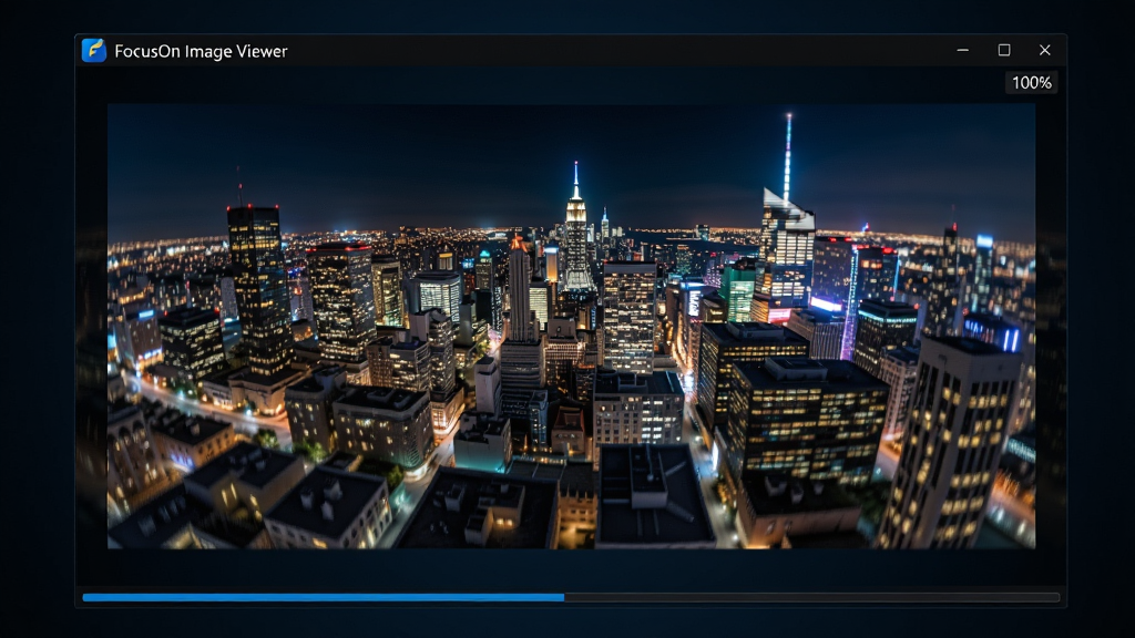 ���壺FocusOn Image Viewer���������У�һ�ž޴�ĳ���ҹ��ȫ��ͼ��˲���������ز��������ţ�ͼ���Ե���޾����ģ�������֣�������Ļ���������ڶ�ռ��ʾ������Ϊ��ɫ������ͻ��ͼƬ������ϸ�ڡ��Ű棺�������Ͻ���ʾһ��С�ɵġ�100%������ָʾ�����ײ���һ����ϸ�Ľ����������񣬰�ʾ������ɡ���񣺿Ƽ������ɫ�������ָ�������רҵ�У���Ļ���Ͻ�������Logo����FocusOn Image Viewer��������ϸ�ڣ�����ҹ���ĵƹ�ϸ���ڷŴ����Ȼ������û�������˻���㣬���������Ų����������硣���ʣ���������ϸ�ڷḻ������ɾ����޶���Ԫ�أ�3D��Ⱦ���