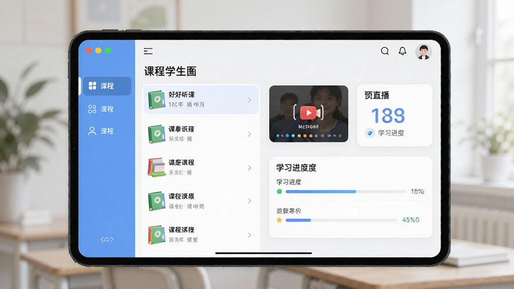 好好听课学生端学习软件主界面预览图,展示课程列表、直播入口与学习进度模块,整体风格清新简约,布局合理,画质清晰。