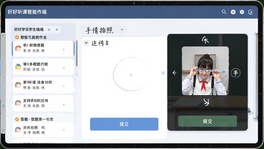 好好听课学生端智能作业界面,展示题目列表、答题区域与提交按钮,支持手写拍照上传,设计简洁,功能清晰。