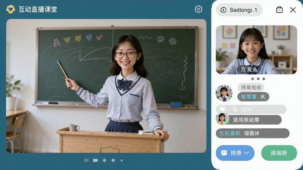 好好听课学生端互动直播课堂场景,画面包含教师授课窗口、学生互动聊天区域及功能按钮,界面友好,画质高清。