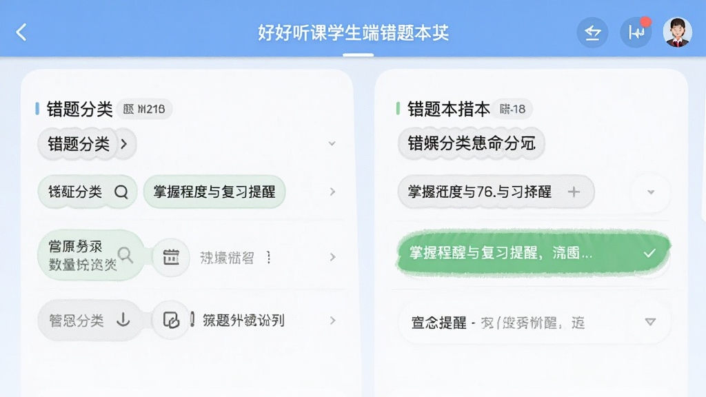 好好听课学生端错题本功能截图,显示错题分类、掌握程度与复习提醒,界面清爽,便于查阅,画质干净。