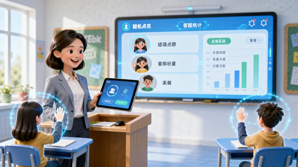�ú�������ʦ�˿��û������棬��ʦ�ֳ�ƽ���ڽ�̨�Ϸ����������������Ļ��ʾѧ�����ֺʹ���ͳ�ƣ�ѧ����λ���о��ֵ����������������������ã����пƼ��У�ͻ��������ѧ�����������������޶���Ԫ��