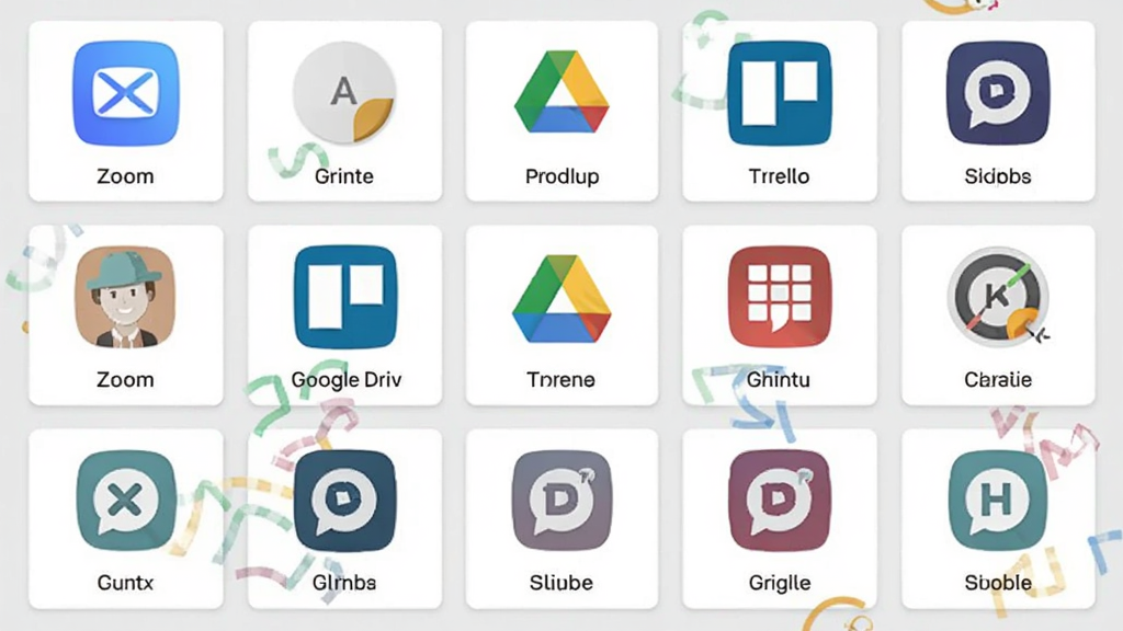 չʾSlack����Ӧ�����Ľ����Ԥ��ͼ����������չʾ���Ӧ��ͼ�꿨Ƭ������Zoom��Google Drive��Trello�ȣ�����Ϊǳ��ɫ����Ƭ�����񲼾����У�ÿ�ſ�Ƭ�·���עӦ�����ƣ������������񣬻����������޶���Ԫ��