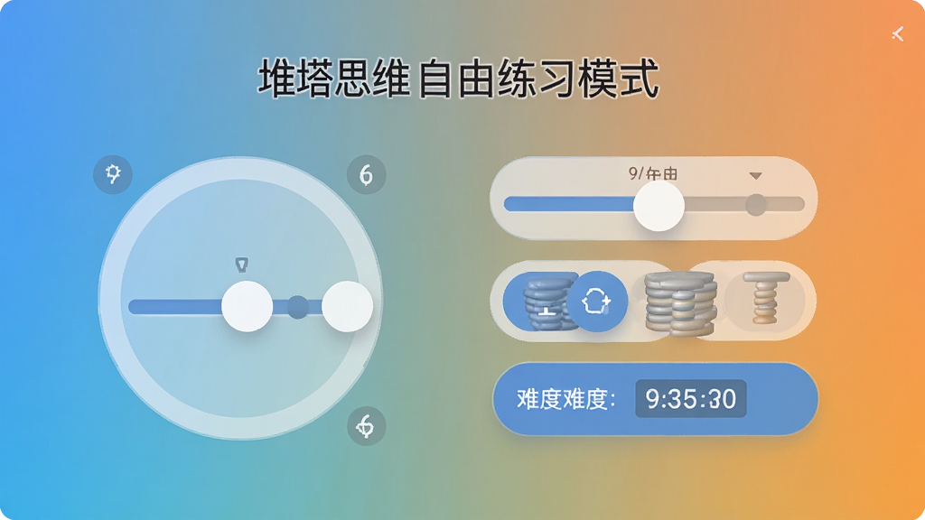 ����˼ά������ϰģʽ�趨���棬����Բ����������������������ѡ��ť���Ѷȵȼ���ʾ������Ϊ��ɫ���䣬���������ˬ����ťԲ����Ƹ�ǿ�����ʸ��壬�ɾ��޶���Ԫ��