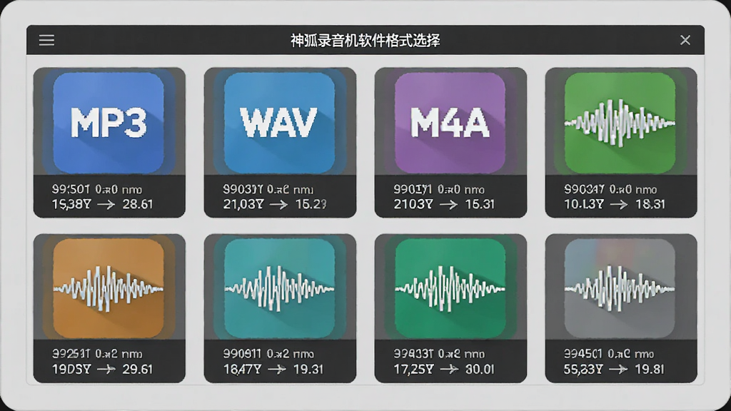 ����Ϊ���¼����������ʽѡ����棬��Ļ������MP3��WAV��M4A�Ȳ�ɫͼ�꣬ÿ��ͼ���·��в��η��ţ�����Ϊǳ��ɫ����̨����������״���Ű����룬����Լ����ϸ�����ļ���С�����ʲ�����ע�����������ɾ����޶���Ԫ��
