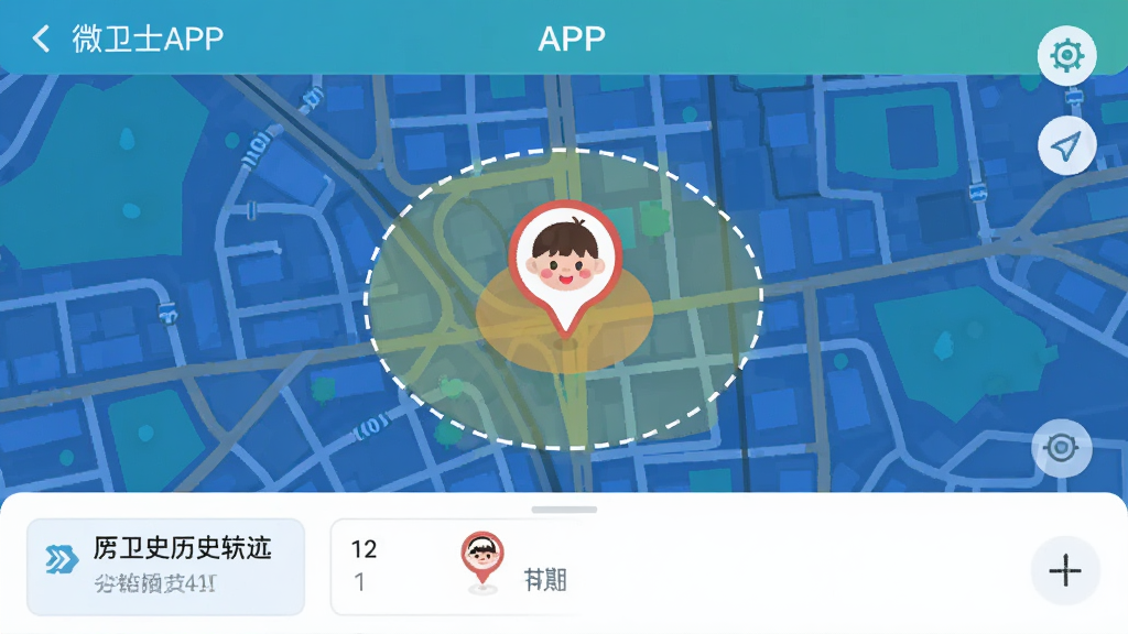 ΢��ʿAPP��λ���ܽ���Ԥ��ͼ������������һ�ų��е��ӵ�ͼ����ͼ����һ����Ŀ�Ķ�ͯͷ��λ�ñ�ǣ���Χ������ԲȦ�����ȫ���򣬽���ײ���ʾ��ʷ�켣�б�����������ֱ�ۣ�ɫ�����£����ʸɾ��޶���Ԫ��