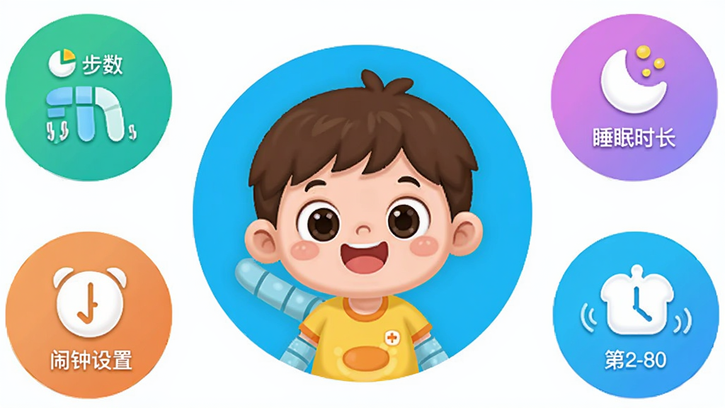 ΢��ʿAPP�����������ܽ������ͼ������չʾһ����ͯ��ͨ������Χ�����Ų���ͳ�ơ�˯��ʱ�����������õ�Բ��ͼ�꣬ɫ���������ã����ɰ����񣬻��ʸɾ��޶���Ԫ��