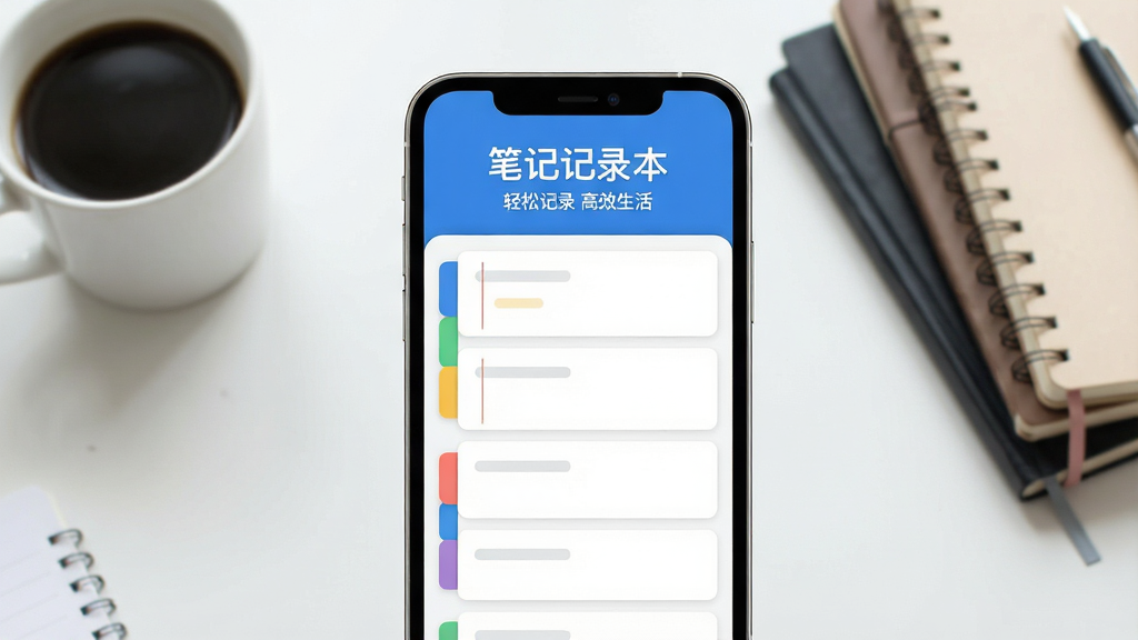 主体:笔记记录本应用界面,手机上显示带有彩色标签的笔记列表,主色调为蓝色与白色,界面简洁大方。布局:手机居中,屏幕朝前,背景为干净的工作台面,旁边有一杯咖啡和几本笔记本。排版:主标题为“笔记记录本”,副标题为“轻松记录 高效生活”,风格:现代扁平化,细节:画面干净明亮,高分辨率,无多余元素