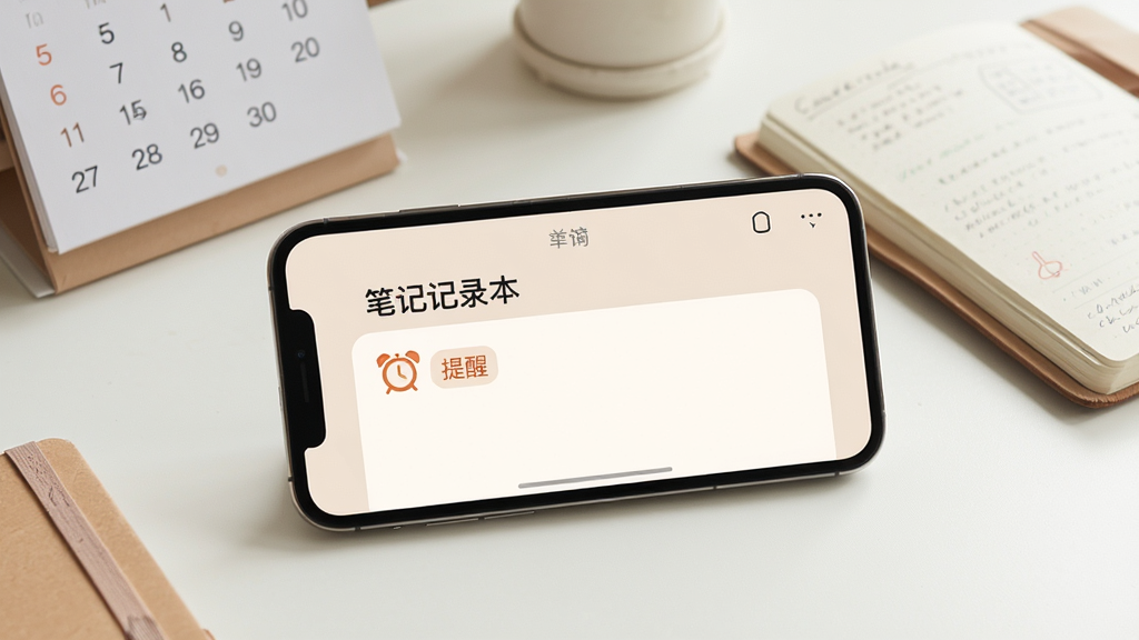 主体:手机上的笔记记录本应用,显示一条笔记带有提醒闹钟图标。布局:手机横屏展示,背景为简约书桌,周围有日历和手账本。排版:界面显示“笔记记录本”字样,及“提醒”标签。风格:温馨生活化,色彩柔和。细节:画面真实感强,光线自然,高清晰度,无多余元素