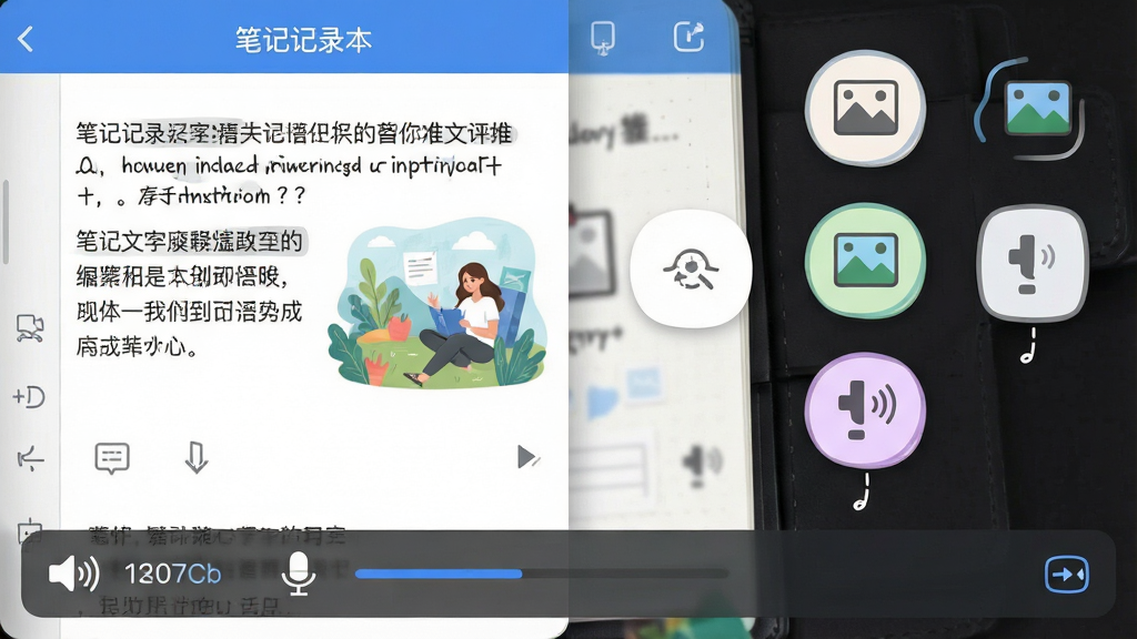 主体:笔记记录本应用内编辑页面,展示文字、图片、语音三种输入方式图标。布局:屏幕左侧为文字编辑区,右侧为功能按钮竖排,底部有语音录制条。排版:页面顶部标题栏显示“笔记记录本”,编辑区有示例文字与插图。风格:清新简洁,图标线条流畅,色彩明快。细节:界面干净,文字清晰可读,高画质,无多余元素
