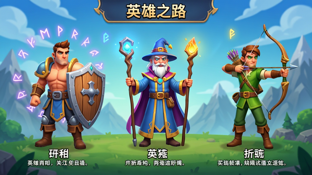 ���壺��Ϸ�ڽ�ɫѡ����棬������ְͬҵ��Ӣ�۲���վ����սʿ�ֶܡ���ʦ���ȡ��������������涥����ʾ��Ӣ��֮·�������֣����˾��ȷֲ�������ΪƯ����ħ��������ɽ������ɫ�·���ʾְҵ���������������Ű棺�����࣬ͼ�����룬��ɫȫ�����������������ϸ��Ŀ�ͨ��Ⱦ��ɫ�����ޣ������ƶ���UI��ơ����ʣ��߾���ģ�ͣ�����ɾ����޶���Ԫ�ء�