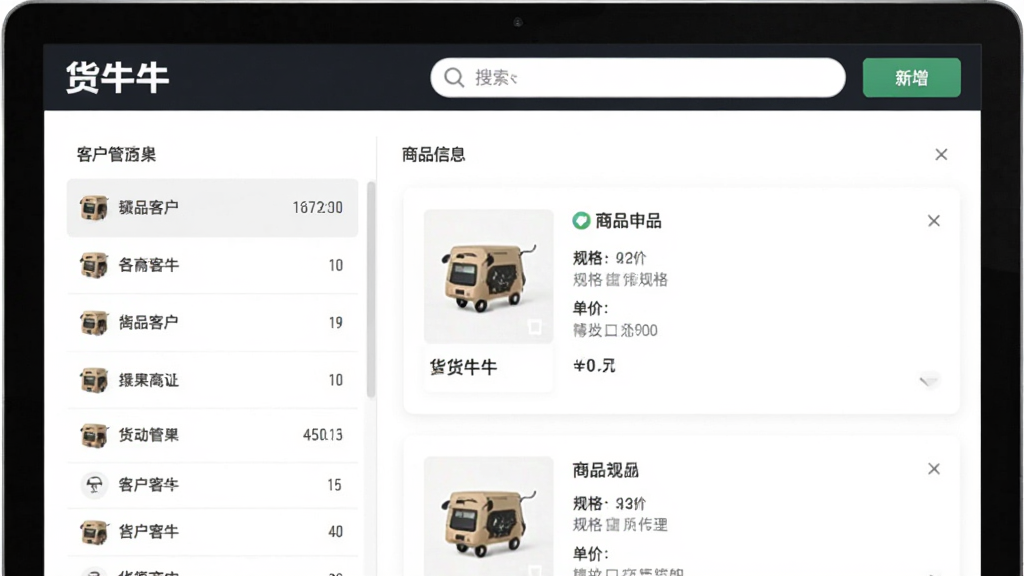 ͼƬ����Ϊ��ţţ�ͻ��������Ŀͻ�����Ʒ�������棬����ǿͻ��б����Ҳ�����Ʒ��Ϣ��Ƭ����Ļ�Ϸ����������������ť�������Ե��Խ�ͼչʾΪ�����Ű����࣬��������࣬ϸ��չ����ƷͼƬ����񡢵��۵��ֶΣ������������ɾ����޶���Ԫ��
