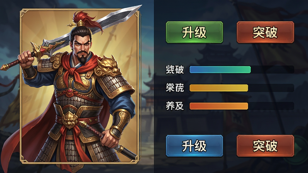 ���壺�佫����չʾ�����ɽ��棬���֣�����佫���棬�Ҳ�������ť�����������Ű棺���ҷ����������ϷUI��ͼ���ϸ�ڣ������佫�����������水ť���֡���������ͻ�ơ������ʣ�����ϸ�壬�ɾ�������Ԫ��