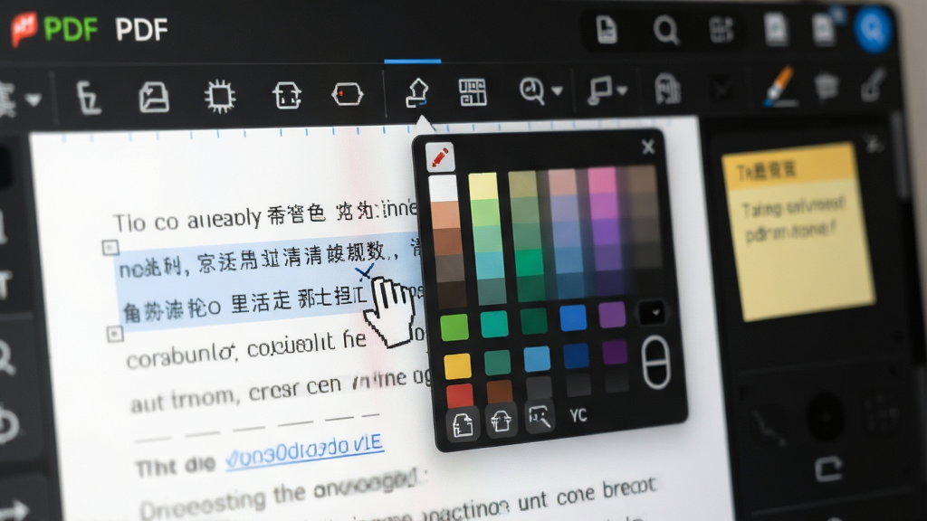 һ����дͼƬ����ʾʱ��PDF�����ı༭���棬���ѡ��һ�����֣�����������ɫѡ������ҳ���Ҳ��б�ǩ��ע�ͻ��ʹ���ͼ�꣬����۽��ڹ��������ı������������黯�������������죬���ʸ��壬�ɾ����޶���Ԫ��