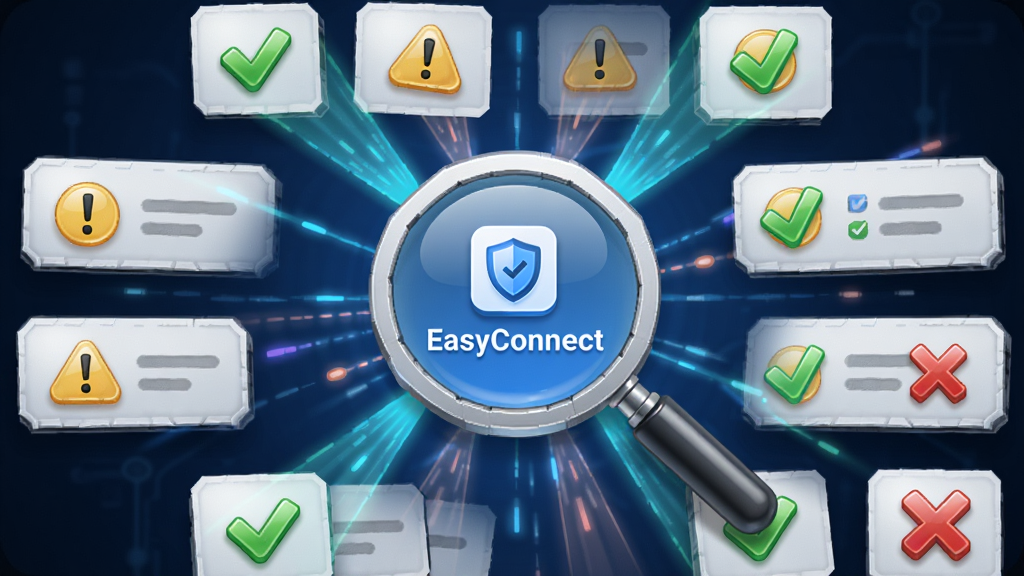 ���簲ȫ������ͼ������Ϊ�Ŵ��µġ�EasyConnect��ͼ�꣬��Χ��������ɫ�Թ�����ɫ��̾�����ɫ��ŵļ���Ƭ��������ɨ����̵Ķ�̬չʾ�����������ķ���״���Ű濨Ƭ�������У�������ﻯUI��ƣ�ϸ����ɨ�����ɨ�������ʸ��壬�ɾ��޶���Ԫ��