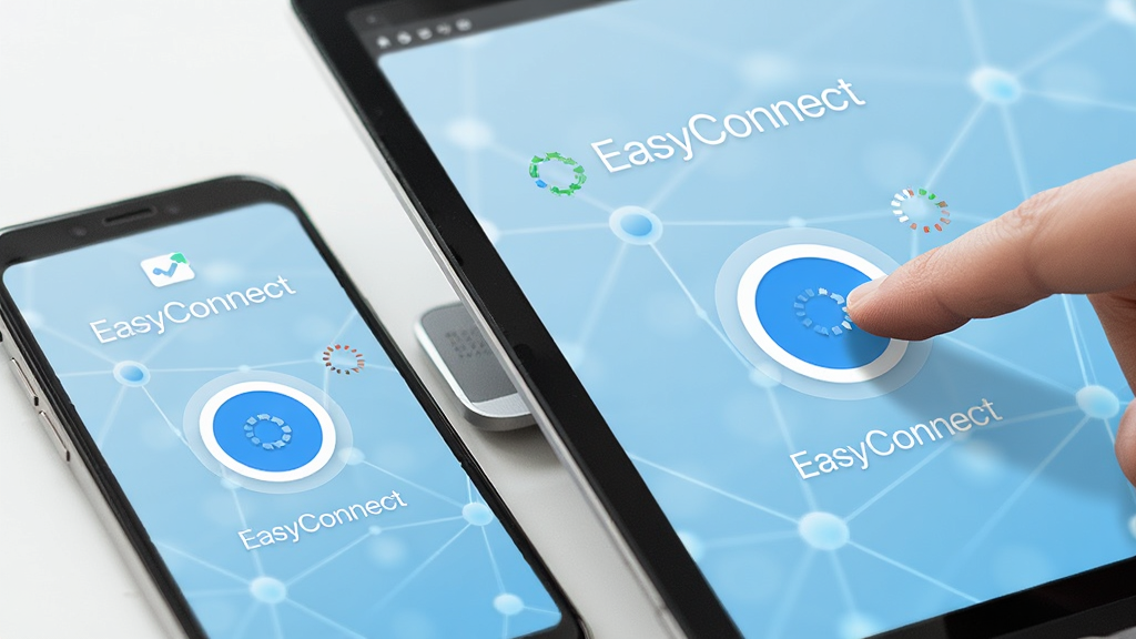 ��д�����ֻ���ʼǱ����Բ��ŷ��ã���Ļ����ʾ��EasyConnect�������棬һ����Ŀ��Բ�����Ӱ�ť������Ϊ����ɫ��������ڵ㣬��������ָ�����ť��˲�䣬��������ƽ�⣬�Ű�ͻ����ť��״̬��ʾ���֣������ˬдʵ��ϸ����΢С�ļ��ض����켣�����������ɾ����޶���Ԫ��