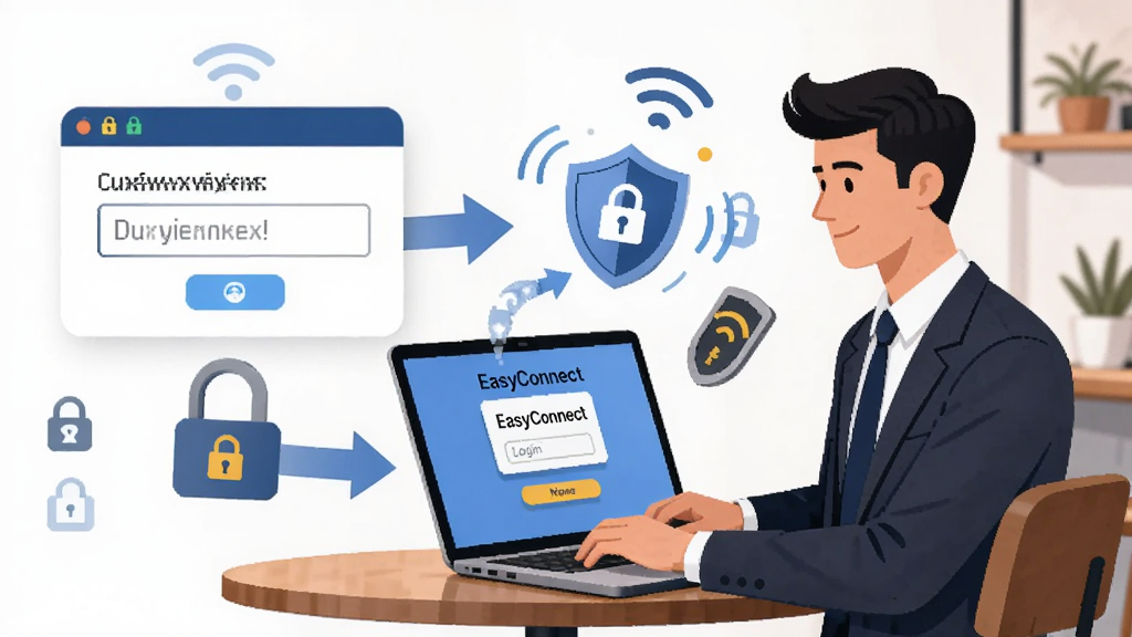 ����廭չʾһλ������ʿ�ڿ�����ʹ�ñʼǱ�����Ļ���С�EasyConnect����¼���ڣ��Ա������Ŷ�̬�����������֤ͼ�꣬��������λ�ڻ����Ҳ࣬���Ϊ�Ŵ����֤��������밲ȫ��ͼ�Σ����ֲ�η������Ű��м�ͷʾ����֤���̣�����ִ���ƽ�廭��ϸ�ڰ���Wi-Fi�ź�����ܷ��ţ����ʸɾ����޶���Ԫ��