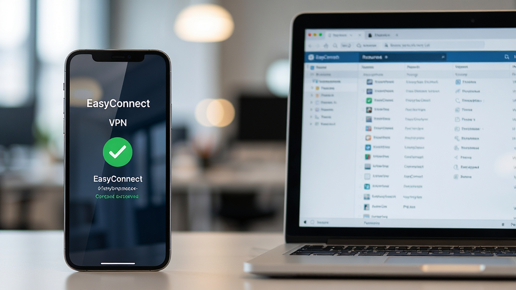 һ���ֻ������ͬʱ���С�EasyConnect����ʵ�ĳ�������������̨�豸��Ļ��ʾ���ӳɹ�������ֻ�����VPN��ʶ���Ҳ����������Դ�б��������������У��Ű���Ȼ��������дʵ��Ӱ������Ϊ�칫��ģ����ߣ�ϸ������Ļ��������ɫ�Թ�ͼ�꣬���ʸ������񣬸ɾ��޶���Ԫ��
