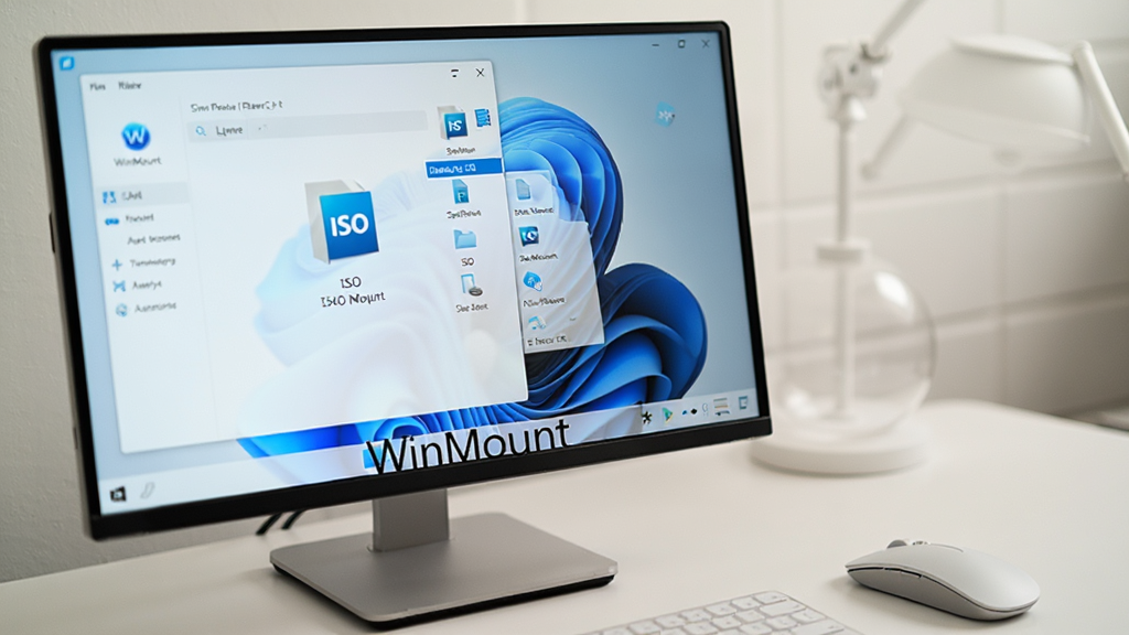 չʾWinMount��Windows 11ϵͳ�����е�ʵ����Ƭ�����Ļ�д����������棬�Ҳ���ʾһ���ѹ��ص�ISO�����ļ����ݣ��Ա߷���һ���ִ���Լ����꣬����ɫ���������۽��������������棬����