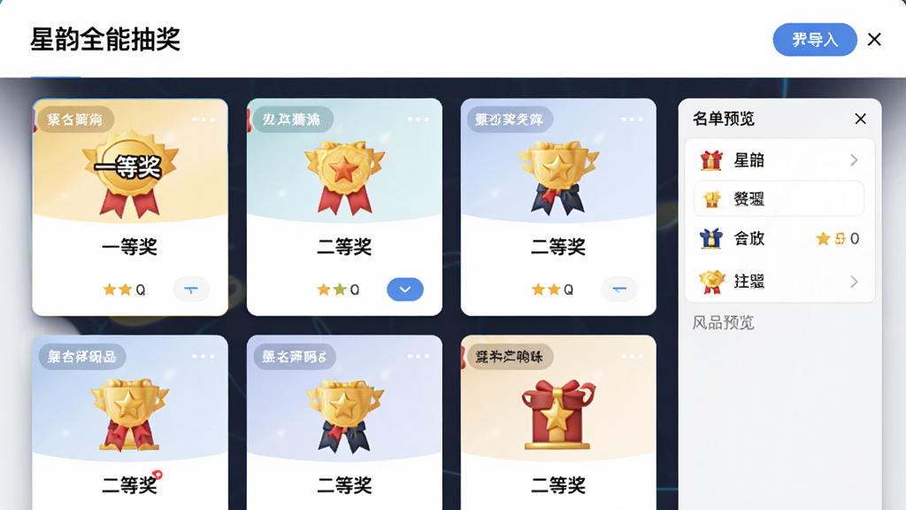���壺������ȫ�ܳ齱����Ʒ���ý��棬��ʾ������Ƭ��ÿ����Ƭ�н�Ʒ���ƺ�ͼ�ꡣ���֣��������У������е��밴ť���Ű棺���������Ҳ�������Ԥ���������ˬ����磬ϸ�ڣ���Ƭ��д�š�һ�Ƚ��������Ƚ��������������ʣ����壬�ɾ����޶���Ԫ�ء�