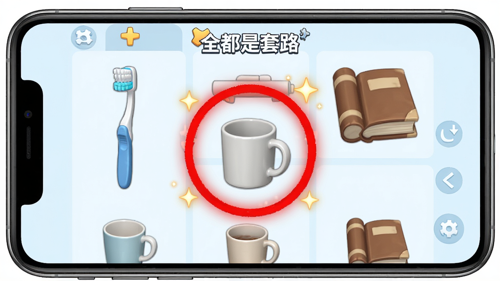 ���壺��Ϸ��ȫ������·���е�һ�ػ��棬��ʾһ���ֻ���Ļ���ж���ճ���Ʒ������ˢ�����ӡ��鱾��������һ����Ʒ����ɫԲȦ��������֣���Ļ��ͼ���У���Ʒ�������򣬺�Ȧͻ����ʾ���Ű棺�������ˣ��ص���Ʒ�Ŵ󡣷��дʵ�뿨ͨ��ϣ�����ɾ���ϸ�ڣ���Ȧ��Χ����˸��������Ч����ʾ���ע�⡣���ʣ����壬�ɾ����޶���Ԫ�ء�