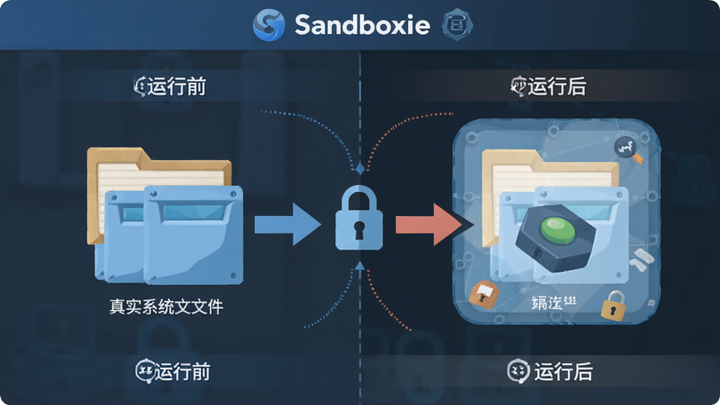 ����Ϊ Sandboxie �ĸ���ԭ��ʾ��ͼ������Ϊ���ҶԱȽṹ���������ʵϵͳ�ļ��У��Ҳ���ɳ�����������м��ü�ͷ������ͼ���ʾ���������룬�Ű�����ֱ�ۣ����Ϊ��ƽ���Ƽ��У�ϸ�ڱ�ע������ǰ���롰���к󡱣����ʸɾ��޶���Ԫ��