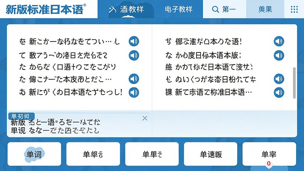 ���壺���°��׼�ձ�����ӽ̲Ľ��棬չʾ�����ϲ��һ�����ݣ������Ķ��տ��ģ��·��е����б������֣����涥�����������м�������򣬵ײ����ʿ�Ƭ���Ű棺���ҷ����������������ġ���񣺱�ƽ��UI��ƣ�������ɫ����ϸ�ڣ�������ʾ���°��׼�ձ��Logo�������������������з�����ťͼ�ꡣ���ʣ����壬�ɾ����޶���Ԫ�ء�