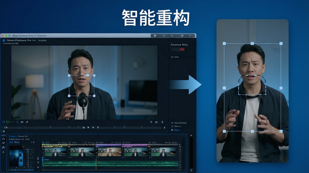 ���壺Adobe Premiere Pro��AI�Զ��ع�����չʾ�����֣����Ϊԭʼ������Ƶ���棬�Ҳ�Ϊ�Զ����ɵ������汾���м��м�ͷʾ��ת�����Ű棺�����Ϸ���ʾ���֡������ع������·�Ϊ������塣��񣺿Ƽ���ɫ�������������ִ���ϸ�ڣ���Ƶ���������������壬�����Զ�������ͼ������AI���ܡ����ʣ�4K���壬�ɾ��޶���Ԫ�ء�