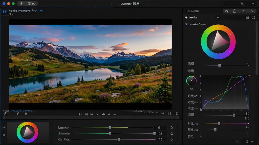 ���壺Adobe Premiere Pro��ɫ���棬��ʾLumetri��ɫ��塣���֣����Ϊԭʼ��Ƶ���棬�Ҳ�Ϊ��ɫ������壬����ɫ�֡����ߵȹ��ߡ��Ű棺���涥���С�Lumetri��ɫ�����⣬�ײ�Ϊɫ���뻬�顣��񣺰�ɫרҵUI��ɫ�ʷḻ��ϸ�ڣ���Ƶ�����з羰ɫ��������ǿ���������չʾɫ�֡����Ͷȡ��Աȶȵȿؼ������ʣ��߷ֱ��ʣ�ɫ��׼ȷ���ɾ��޶���Ԫ�ء�