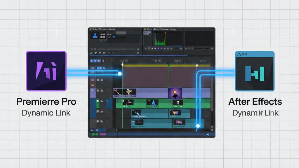 ���壺Adobe Premiere Pro��After Effects��̬����ʾ��ͼ�����֣�����Ϊʱ���ߣ���������ֱ�ΪPremiere Pro��After Effects��ͼ�꣬�����߱�ʾ������ͨ���Ű棺ͼ���·��С�Dynamic Link����������񣺱�ƽ���ִ���ƣ�����Ϊǳ��ɫ����ϸ�ڣ�ʱ�������ж����Ƶ�������Чͼ�꣬����������ɫ������ʾ�����ʣ�����ʸ����񣬸ɾ��޶���Ԫ�ء�