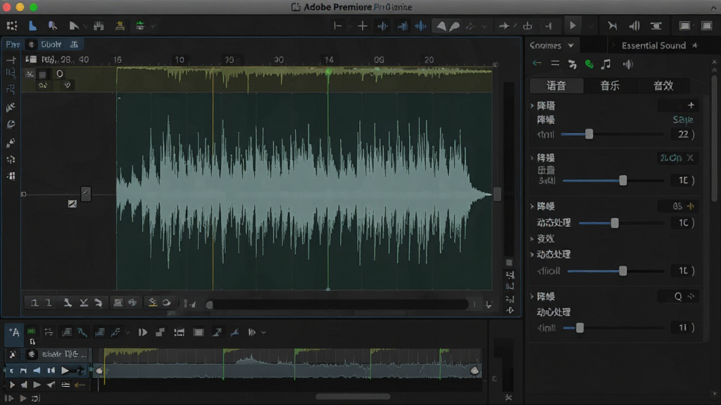 ���壺Adobe Premiere Pro��Ƶ�������档���֣�������ʾ��Ƶ���Σ��Ҳ�ΪEssential Sound��塣�Ű棺������С������������֡�����Ч����ǩ�����л�����������������ɫרҵ��Ƶ�������ϸ�ڣ�����ͼϸ�壬�������ʾ���롢��̬������ѡ����ʣ��������ȣ��ɾ��޶���Ԫ�ء�