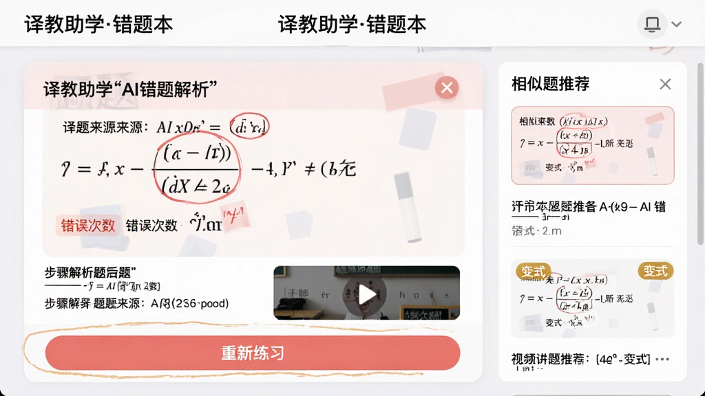 ���壺�����ѧ��AI������������棬����չʾһ����ѧ���⣬�·�Ϊ�����������Ƶ������ڡ����֣����⿨Ƭͻ����ʾ���Ҳ��С��������Ƽ��������Ű棺����Ϊ�������ѧ���Ȿ�����ײ�Ϊ��������ϰ����ť����񣺿�Ƭʽ��ƣ�������Ϊ��ɫ����������Ϊ��ɫ���������ࡣϸ�ڣ�������Ŀ��Դ�����������ǩ���Ƽ���Ŀ���С���ʽ�����������ʣ���������ͼ��ɫ����ͣ��ɾ����޶���Ԫ�ء�