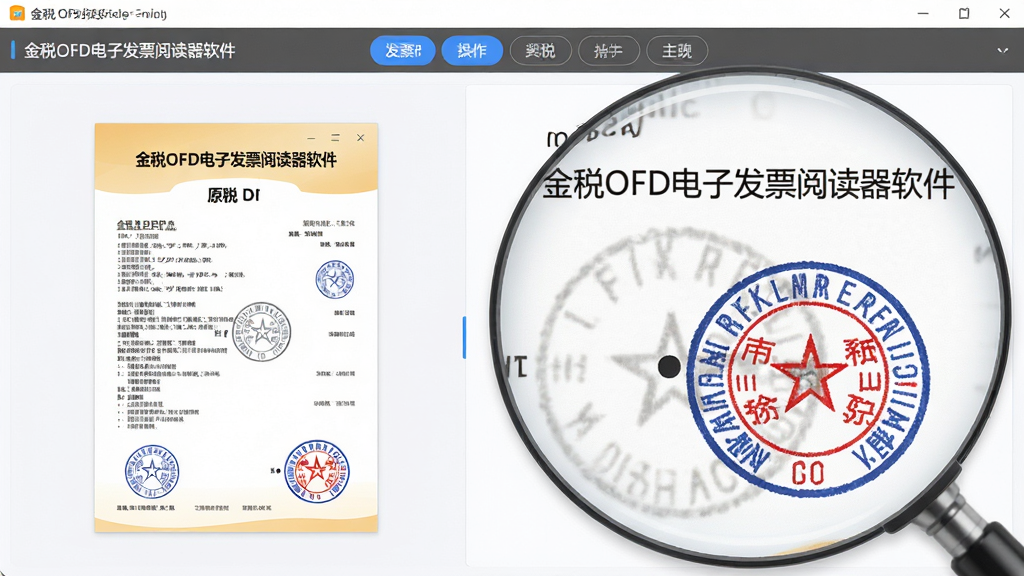 ���壺��˰OFD���ӷ�Ʊ�Ķ��������ķ�Ʊ��������չʾ������Ŵ���ʾ��Ʊ�ϵ�ϸ΢������ӡ��ϸ�ڣ����֣����Ϊԭʼ��Ʊ��Сͼ���Ҳ�Ϊ�Ŵ��ľֲ������Ա�ͼ���Ű棺���½ṹ���Ϸ�Ϊ�ԱȲ��������·�Ϊͼ�����򣬷�񣺸ɾ�����������������ϸ�ڣ�����ϸ�壬���ֱ�Ե������ӡ����ɫ���ޣ����ʣ����壬�ɾ����޶���Ԫ��