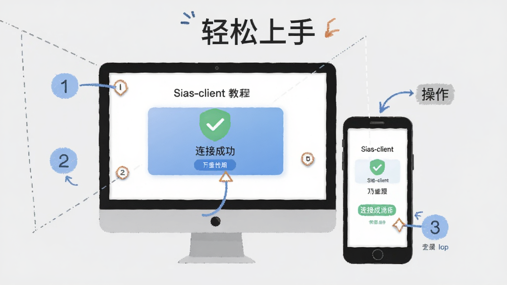 Sias-clientʹ�ý̳̲�ͼ������Ϊ�������ֻ����ţ���Ļ����ʾ���ӳɹ����棬��Χ�в����������ֱ�ע������ǳ��ɫ���������̷̳磬����